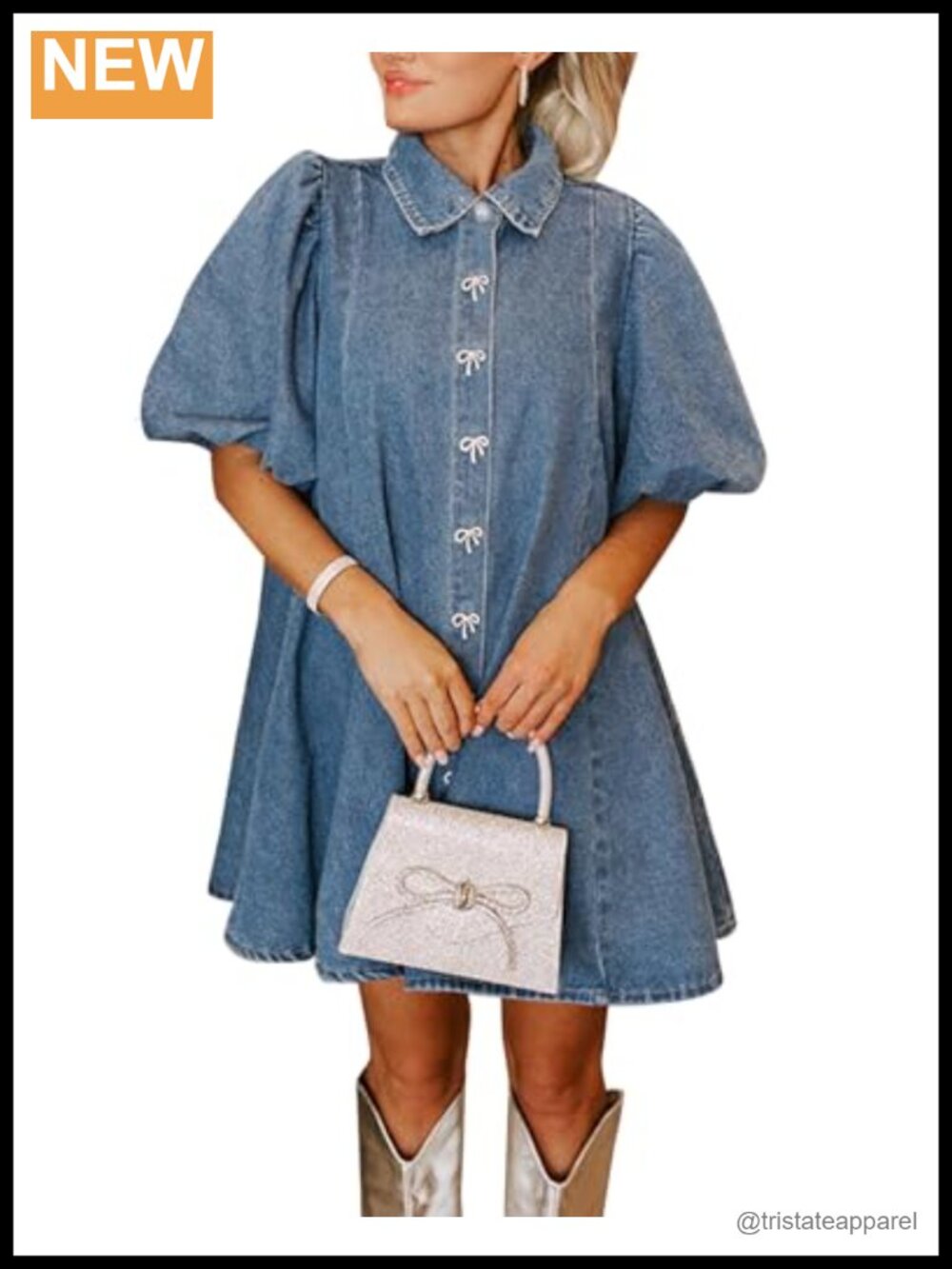 Denim Babydoll Mini Dress with Puff Sleeves & Diamond Bow, Casual